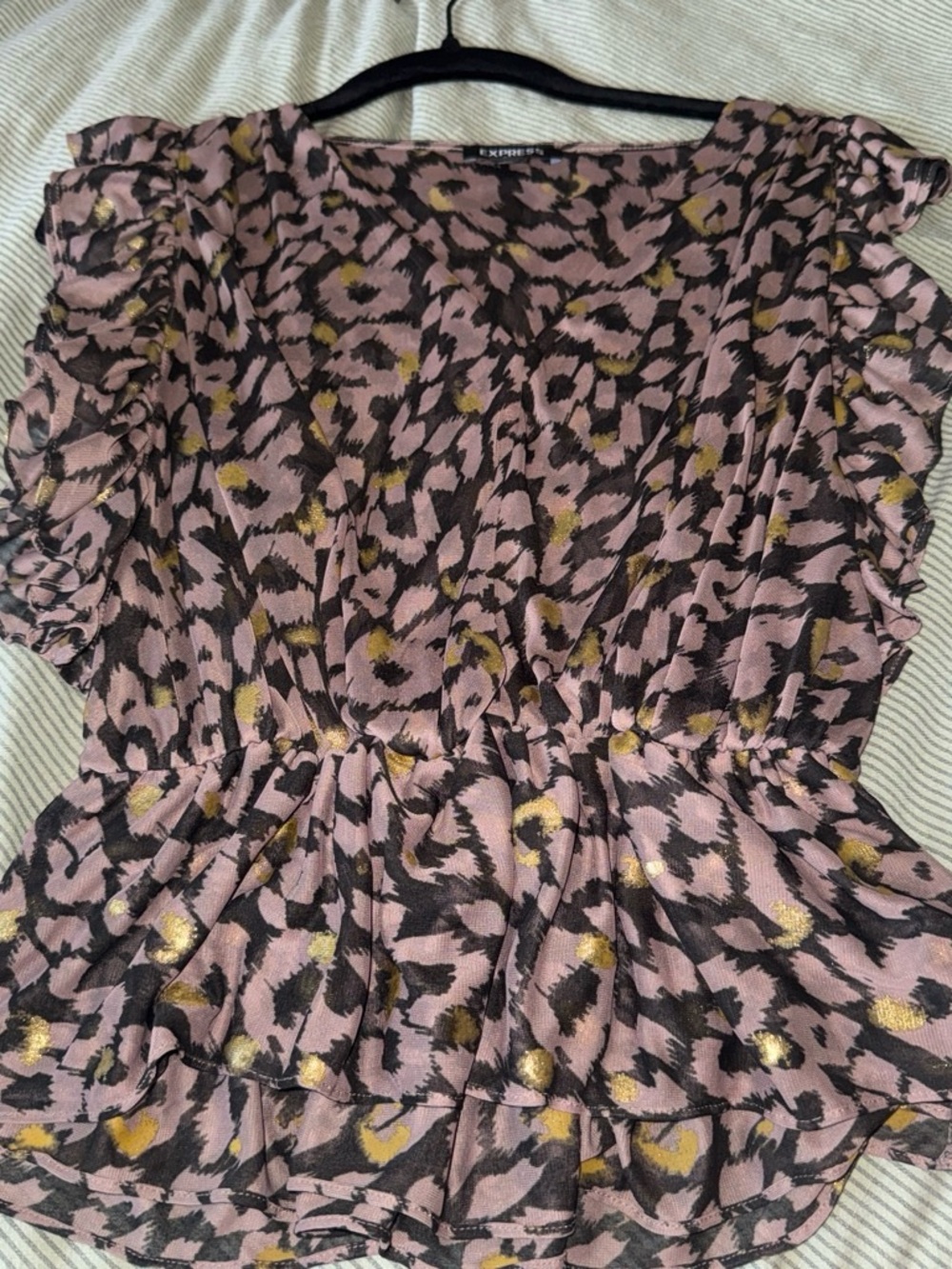 Express brown Metallic Leopard Print Ruffle Peplum Top
